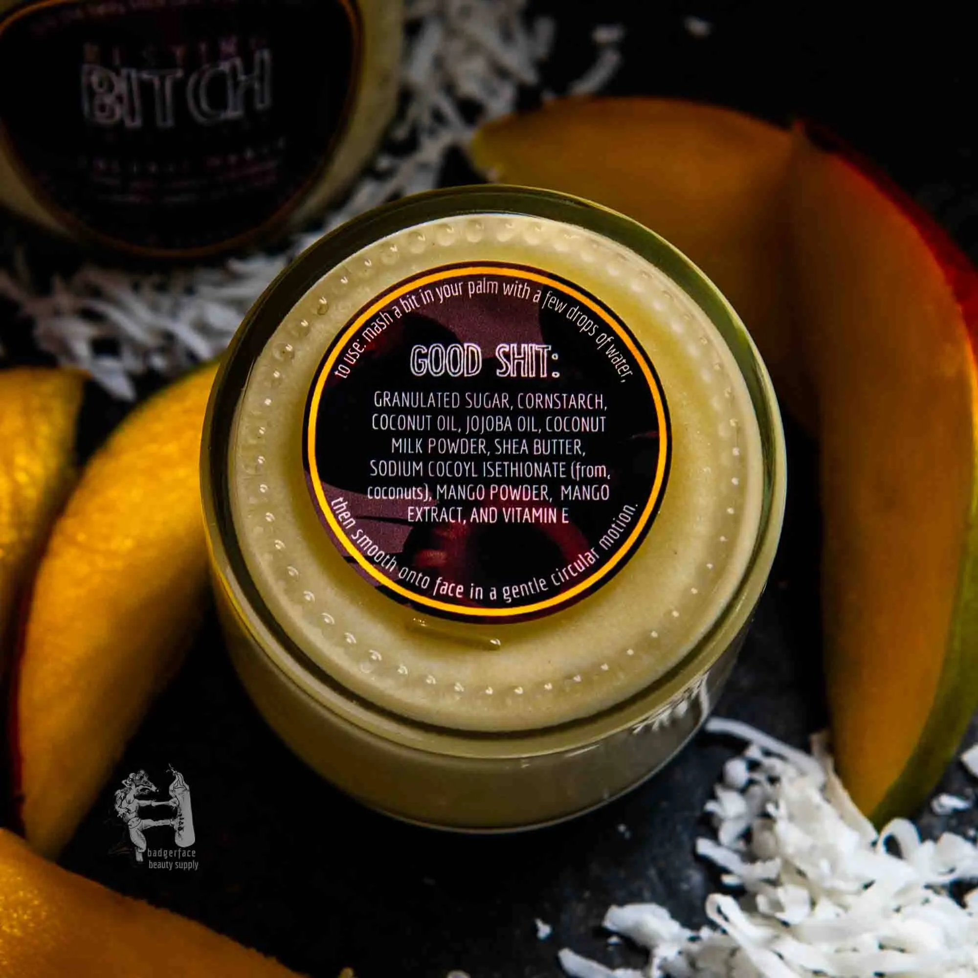 Badgerface Coconut Mango Face Scrub. Natural Face Care Products.