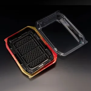 BioPET Neo Shell Hinged Black/Red Take-Out Sushi Tray 8.2" x 5.8" (300/case)