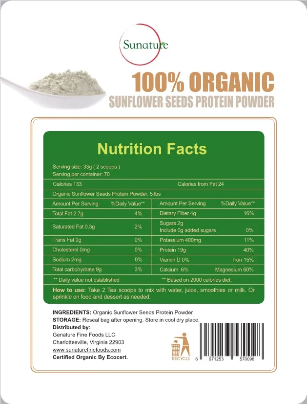 Sunature 5 lbs Organic Freeze Dried Sunflower Seed Protein Powder